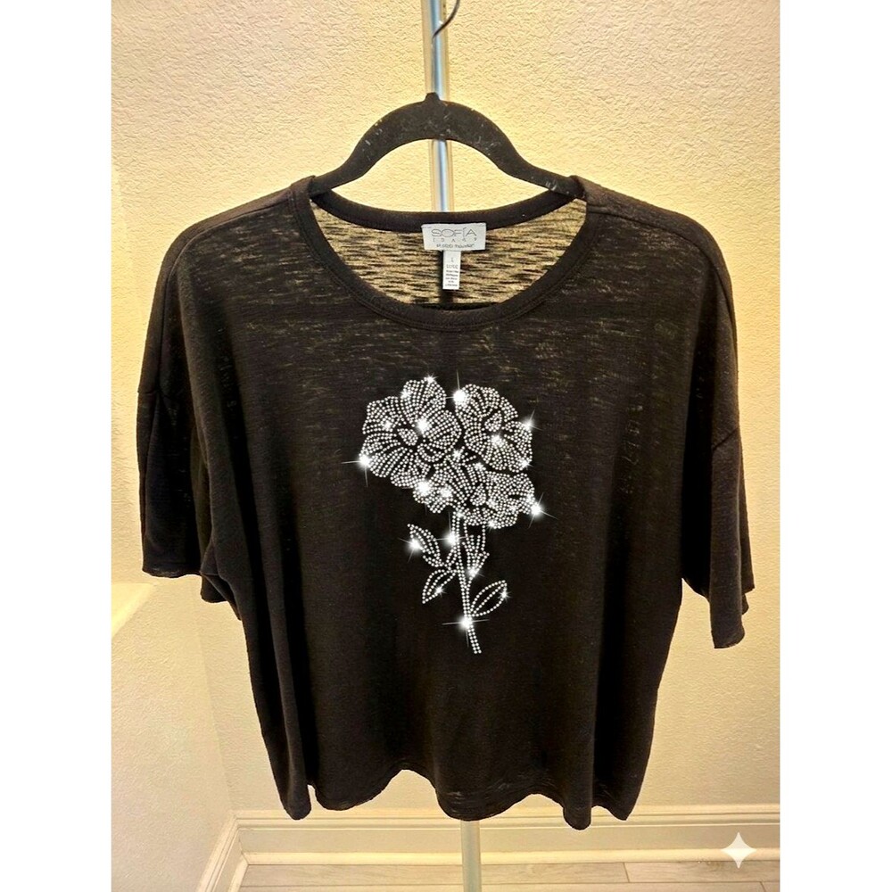 Sofia Jeans Rhinestone Flower Shirt L Womens Black Slub Knit Floral Glam Tee